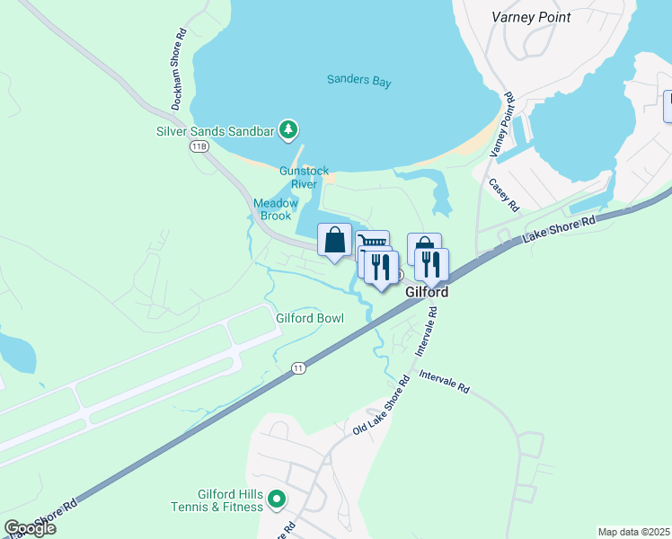 map of restaurants, bars, coffee shops, grocery stores, and more near 44 Weirs Road in Gilford