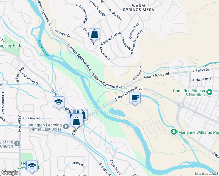map of restaurants, bars, coffee shops, grocery stores, and more near 2851 East Warm Springs Avenue in Boise