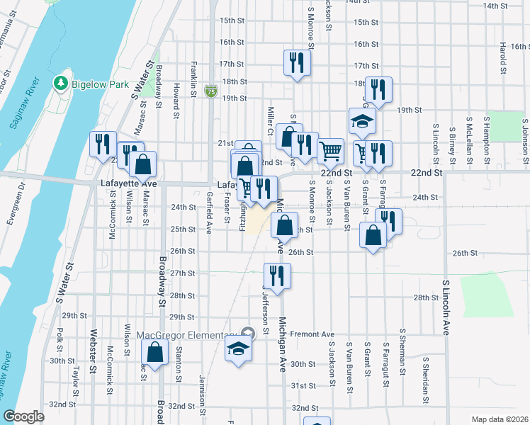 map of restaurants, bars, coffee shops, grocery stores, and more near 1006 Lafayette Avenue in Bay City