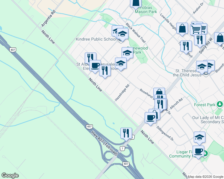 map of restaurants, bars, coffee shops, grocery stores, and more near 3755 Althorpe Circle in Mississauga