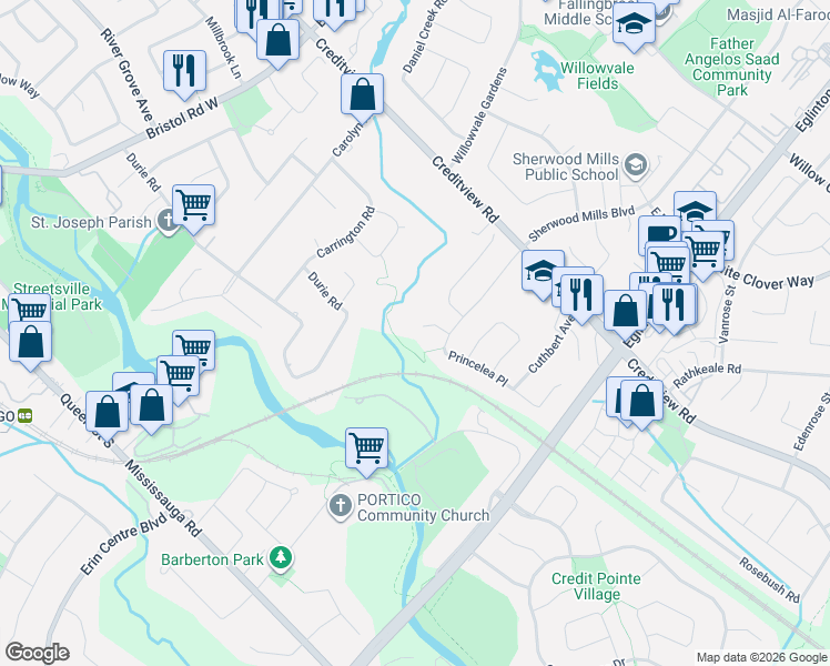 map of restaurants, bars, coffee shops, grocery stores, and more near 5172 Hidden Valley Court in Mississauga
