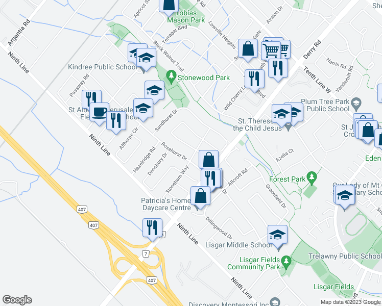 map of restaurants, bars, coffee shops, grocery stores, and more near 3865 Laurenclaire Drive in Mississauga