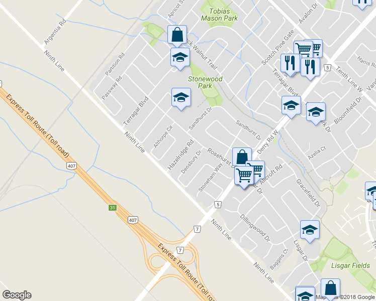map of restaurants, bars, coffee shops, grocery stores, and more near 3928 Hazelridge Road in Mississauga