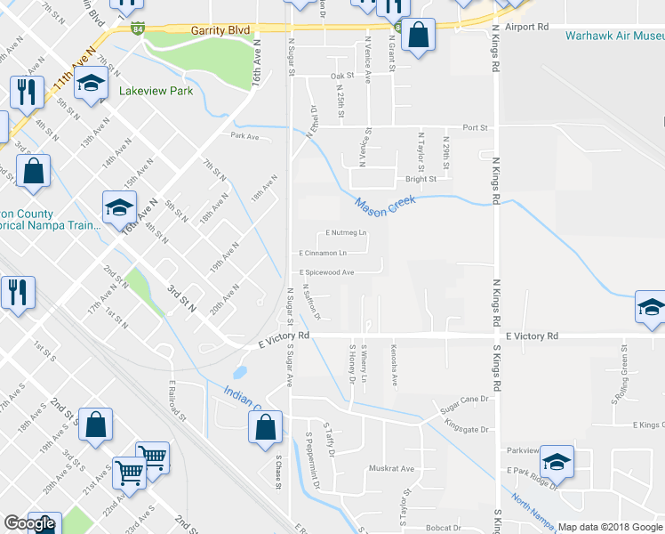 map of restaurants, bars, coffee shops, grocery stores, and more near 2418 East Spicewood Avenue in Nampa