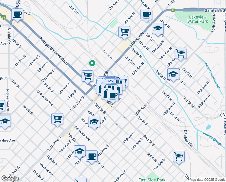 map of restaurants, bars, coffee shops, grocery stores, and more near 1200 1st Street South in Nampa