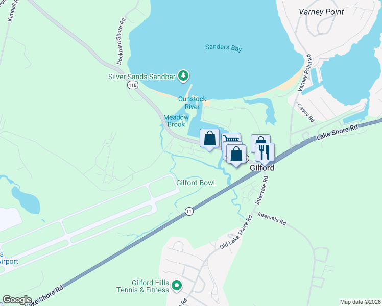 map of restaurants, bars, coffee shops, grocery stores, and more near 44 Weirs Road in Gilford