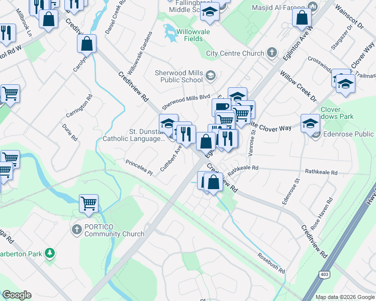 map of restaurants, bars, coffee shops, grocery stores, and more near 1345 Eglinton Avenue West in Mississauga