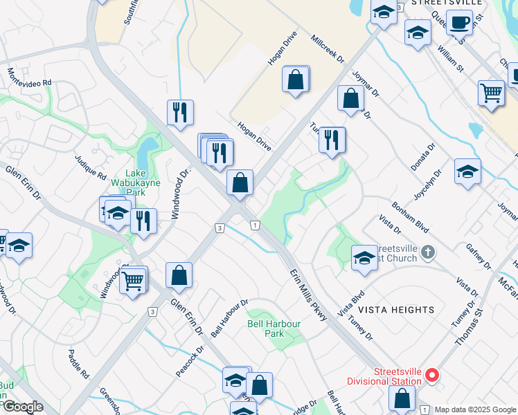 map of restaurants, bars, coffee shops, grocery stores, and more near in Mississauga