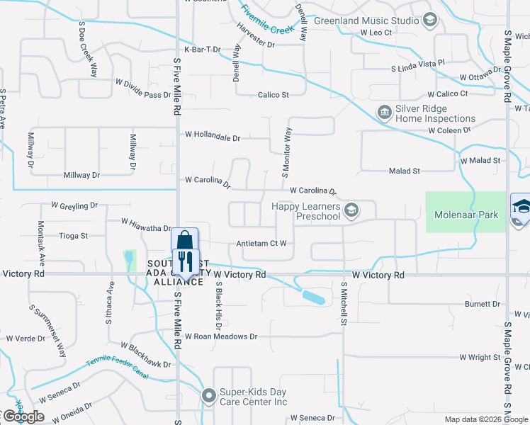 map of restaurants, bars, coffee shops, grocery stores, and more near 2789 South Monitor Avenue in Boise
