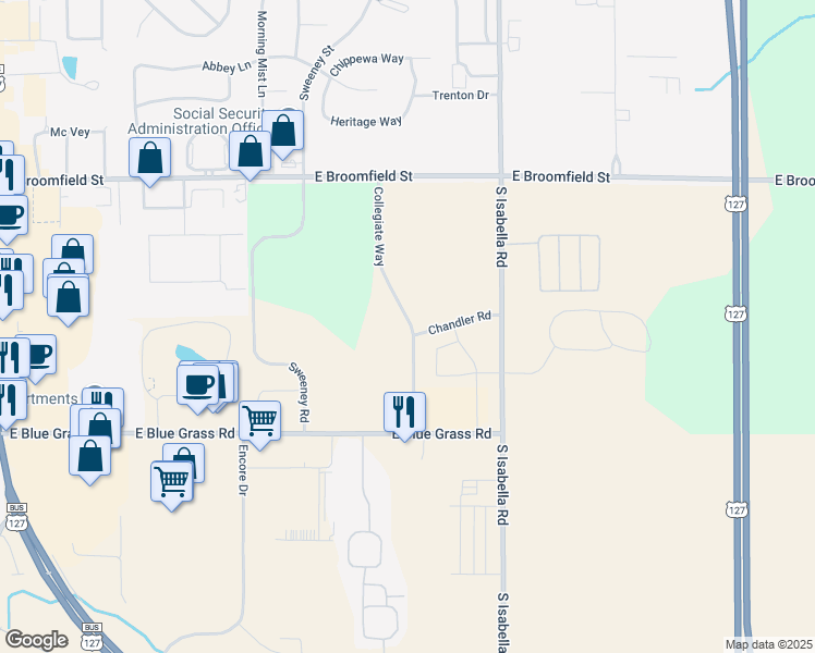 map of restaurants, bars, coffee shops, grocery stores, and more near Collegiate Way in Mt Pleasant