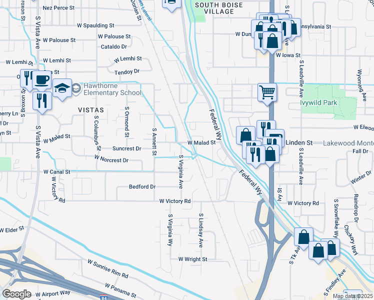 map of restaurants, bars, coffee shops, grocery stores, and more near 2706 South virginia Avenue in Boise