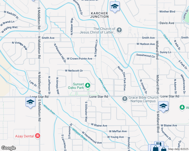 map of restaurants, bars, coffee shops, grocery stores, and more near 38 North Willow Wind Way in Nampa