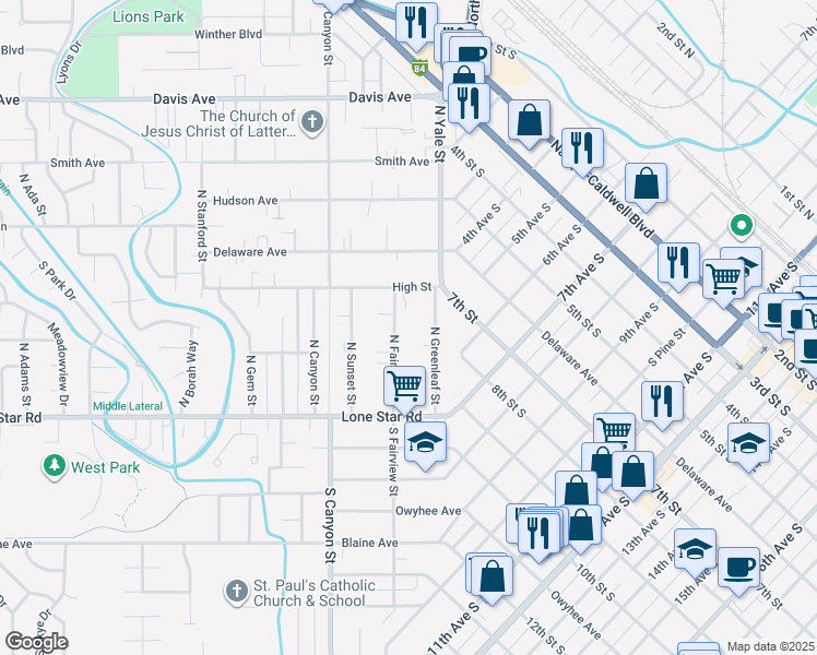 map of restaurants, bars, coffee shops, grocery stores, and more near 25 North Fairview Street in Nampa