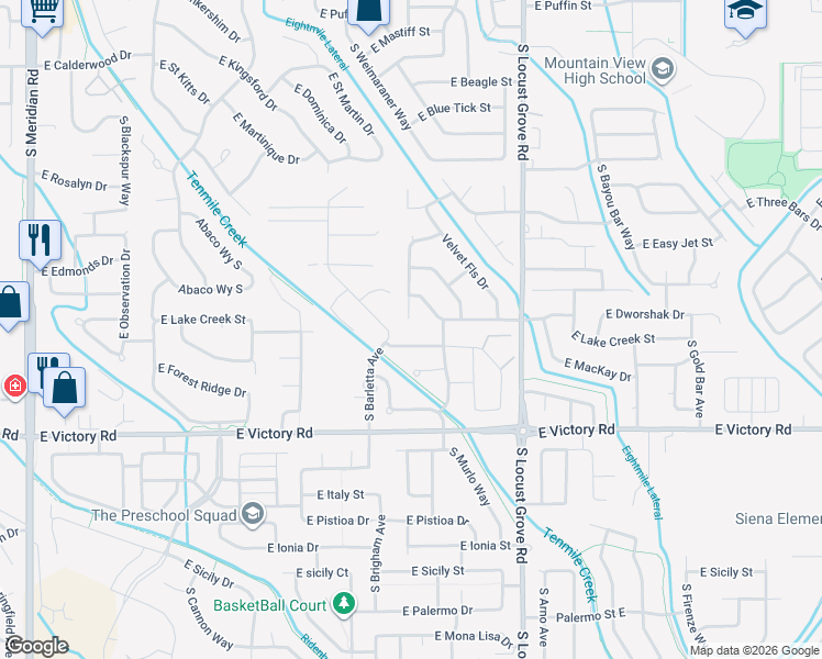 map of restaurants, bars, coffee shops, grocery stores, and more near 1231 East Loggers Pass Street in Meridian