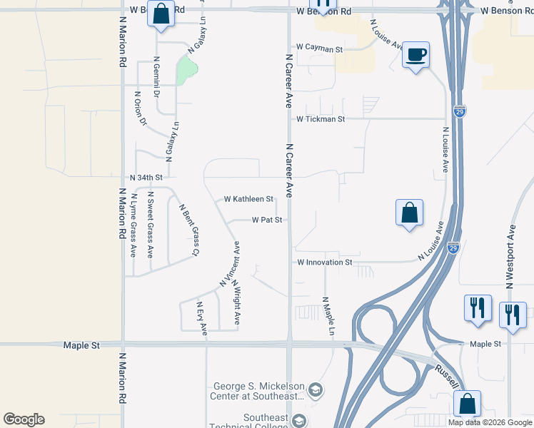 map of restaurants, bars, coffee shops, grocery stores, and more near 4305 Pat Street in Sioux Falls