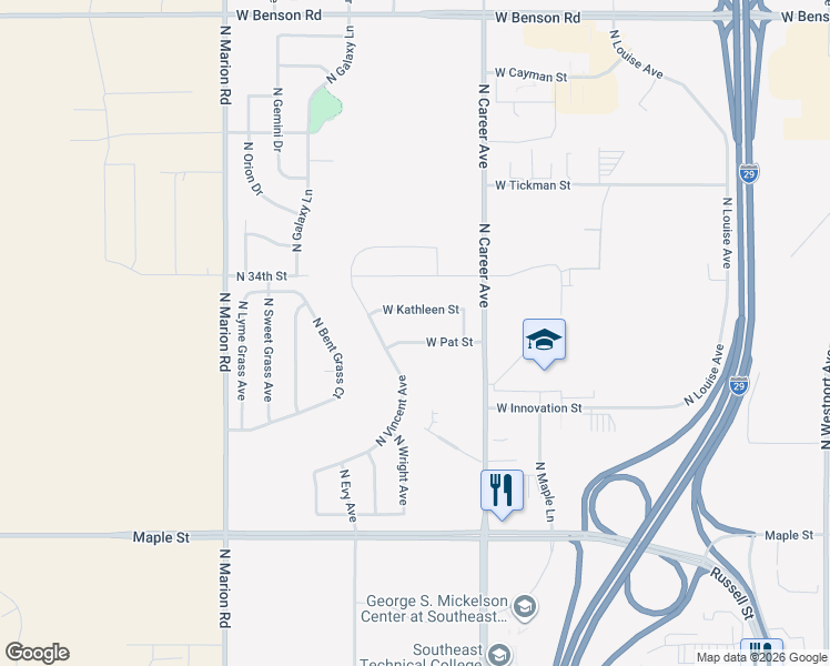 map of restaurants, bars, coffee shops, grocery stores, and more near 4305 Pat Street in Sioux Falls