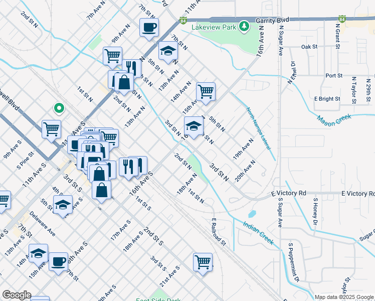 map of restaurants, bars, coffee shops, grocery stores, and more near 1617 2nd Street North in Nampa