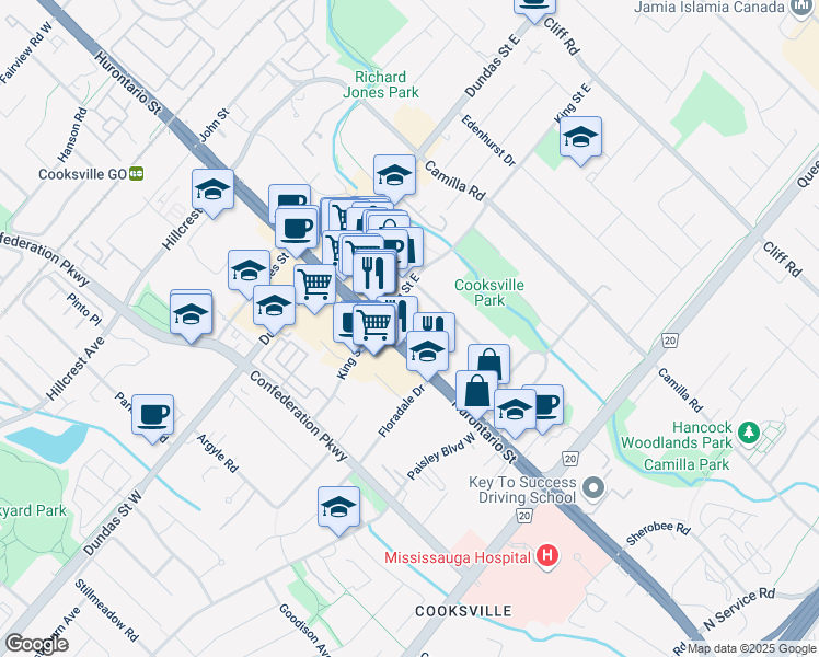 map of restaurants, bars, coffee shops, grocery stores, and more near in Mississauga