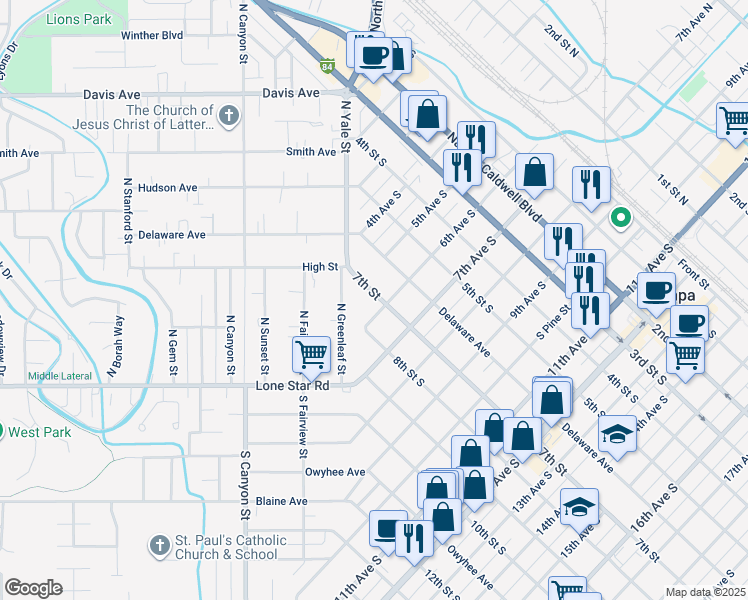 map of restaurants, bars, coffee shops, grocery stores, and more near 515 7th Street South in Nampa