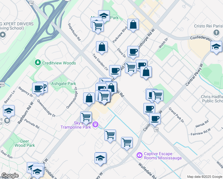 map of restaurants, bars, coffee shops, grocery stores, and more near 720 Burnhamthorpe Road West in Mississauga