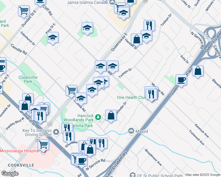 map of restaurants, bars, coffee shops, grocery stores, and more near 2189 Corsair Road in Mississauga
