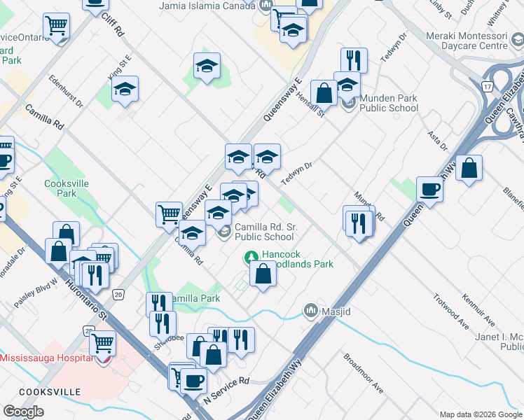 map of restaurants, bars, coffee shops, grocery stores, and more near 2212 Florian Road in Mississauga
