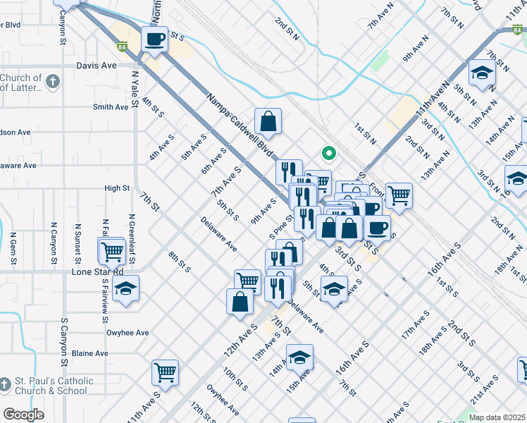 map of restaurants, bars, coffee shops, grocery stores, and more near 9th Avenue South in Nampa