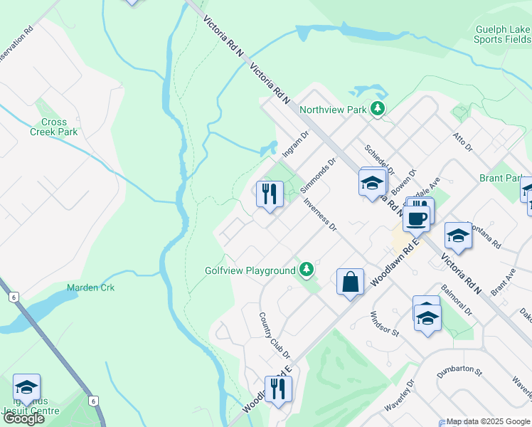 map of restaurants, bars, coffee shops, grocery stores, and more near 22 Ingram Drive in Guelph