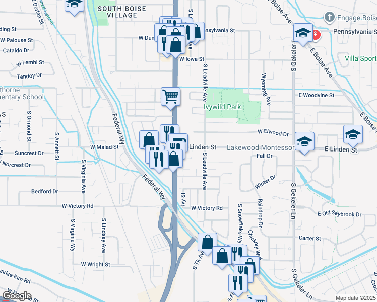 map of restaurants, bars, coffee shops, grocery stores, and more near 923 South Linden Park Way in Boise