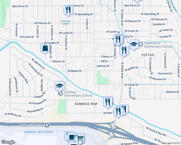 map of restaurants, bars, coffee shops, grocery stores, and more near 2697 South Kerr Street in Boise