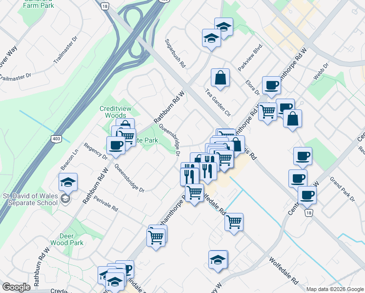 map of restaurants, bars, coffee shops, grocery stores, and more near 780 Galloway Crescent in Mississauga