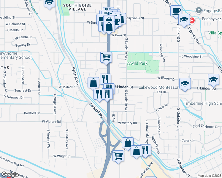 map of restaurants, bars, coffee shops, grocery stores, and more near 923 South Linden Park Way in Boise