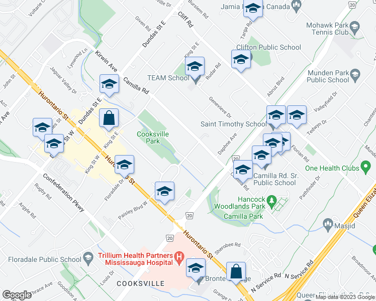 map of restaurants, bars, coffee shops, grocery stores, and more near 123 Paisley Boulevard East in Mississauga
