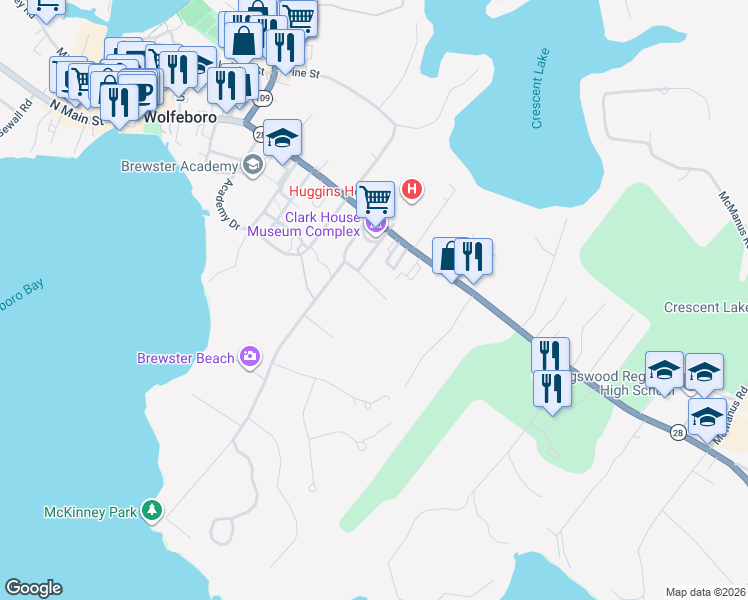 map of restaurants, bars, coffee shops, grocery stores, and more near 12 Goodrich Road in Wolfeboro