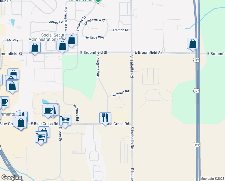 map of restaurants, bars, coffee shops, grocery stores, and more near 4205 Collegiate Way in Mount Pleasant