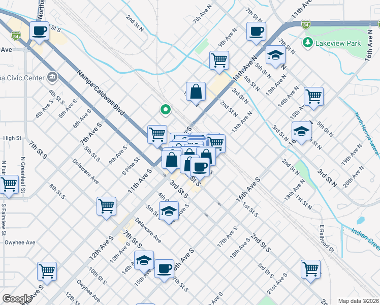 map of restaurants, bars, coffee shops, grocery stores, and more near 1234 East Maine Avenue in Nampa