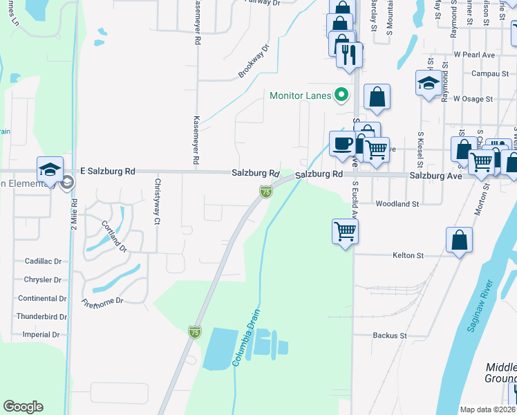map of restaurants, bars, coffee shops, grocery stores, and more near 24 Westside Saginaw Road in Bay City