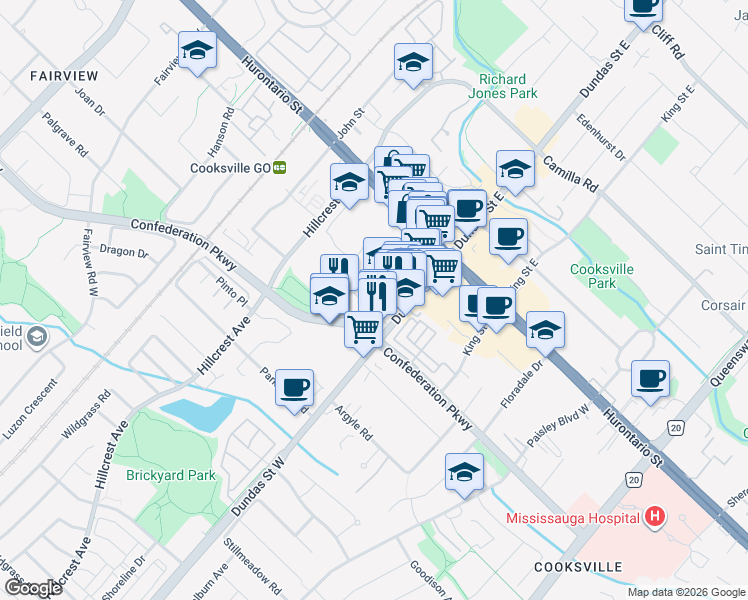 map of restaurants, bars, coffee shops, grocery stores, and more near 88 Agnes Street in Mississauga