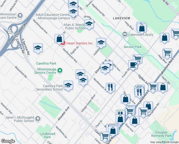 map of restaurants, bars, coffee shops, grocery stores, and more near in Mississauga