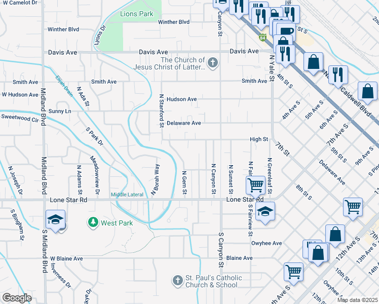 map of restaurants, bars, coffee shops, grocery stores, and more near 227 High Street in Nampa