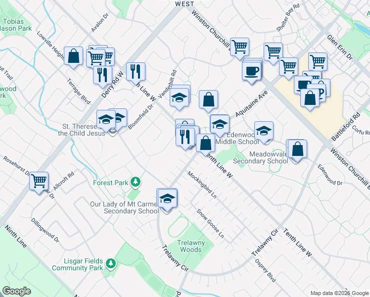 map of restaurants, bars, coffee shops, grocery stores, and more near 3899 Trelawny Circle in Mississauga