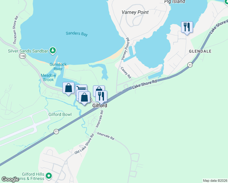 map of restaurants, bars, coffee shops, grocery stores, and more near 3 Varney Point Road in Gilford