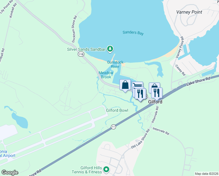 map of restaurants, bars, coffee shops, grocery stores, and more near 73 New Hampshire 11B in Gilford