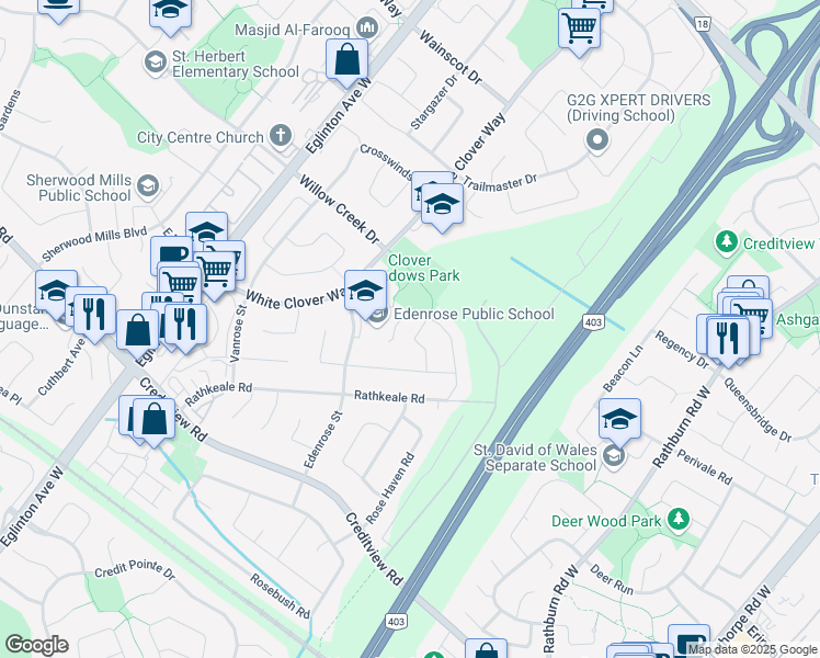 map of restaurants, bars, coffee shops, grocery stores, and more near 4443 Violet Road in Mississauga