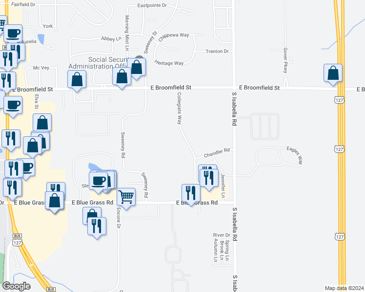 map of restaurants, bars, coffee shops, grocery stores, and more near in Union charter Township