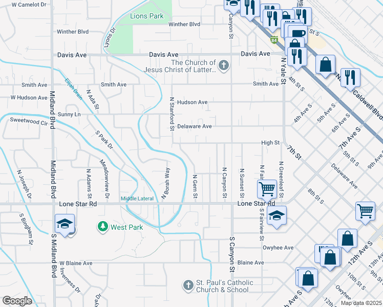 map of restaurants, bars, coffee shops, grocery stores, and more near 241 High Street in Nampa