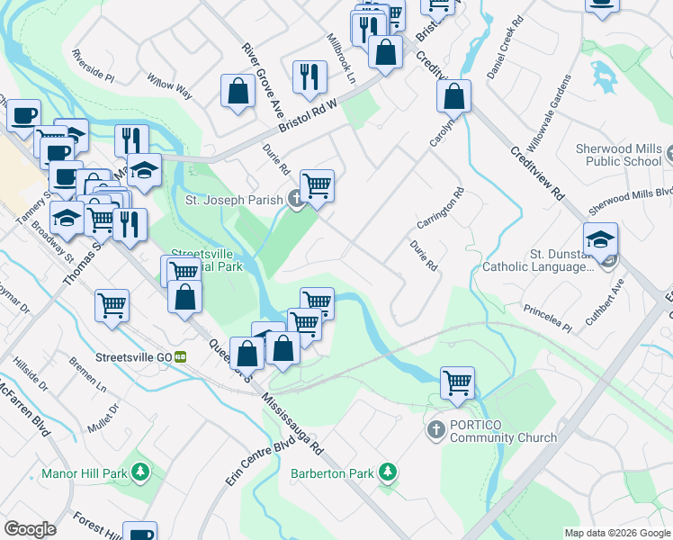 map of restaurants, bars, coffee shops, grocery stores, and more near 5316 Drenkelly Court in Mississauga