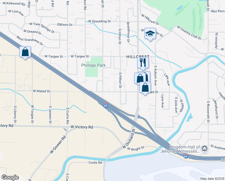 map of restaurants, bars, coffee shops, grocery stores, and more near 2521 South Sea Pines Place in Boise