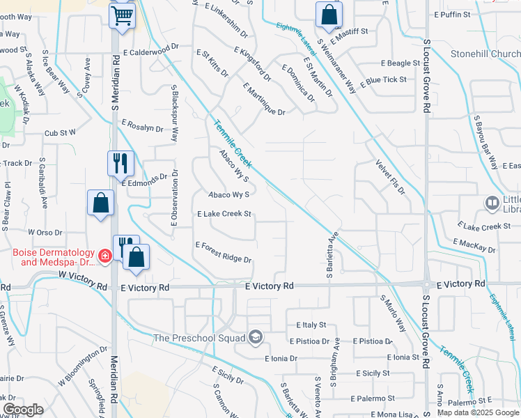 map of restaurants, bars, coffee shops, grocery stores, and more near 769 East Whitehall Street in Meridian