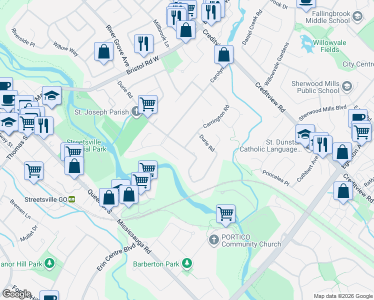 map of restaurants, bars, coffee shops, grocery stores, and more near 5287 Durie Road in Mississauga